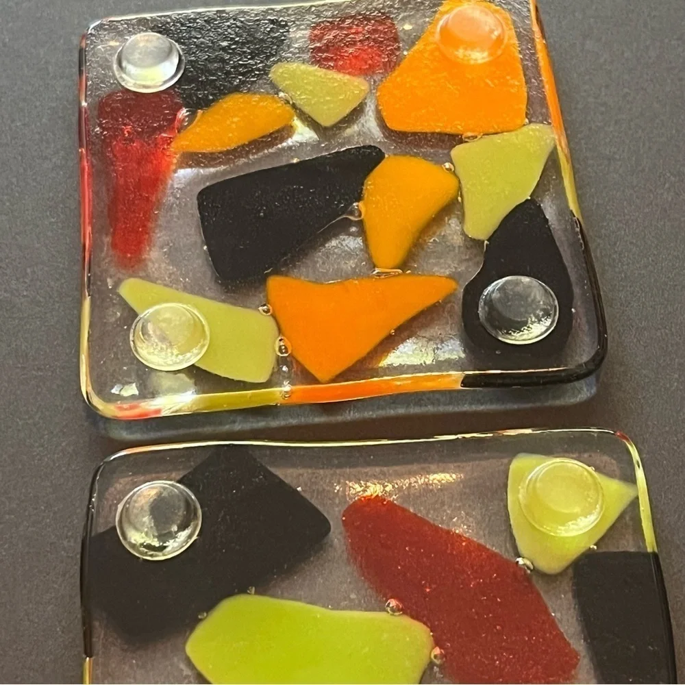 Fused Art Glass Coasters Barware Drink Abstract Geometric Black Orange MCM 4x